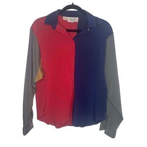 VINTAGE Stuart Lang Blouse Womens Size 10 Long Sleeve  Collared Colorblock